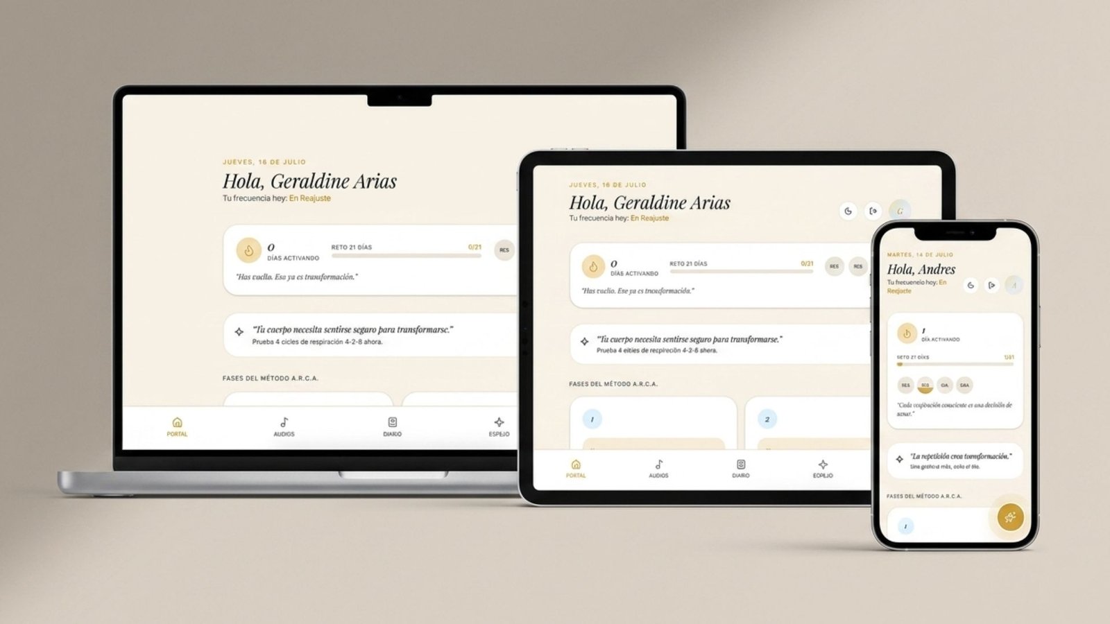 Mockup de la app Método ARCA
